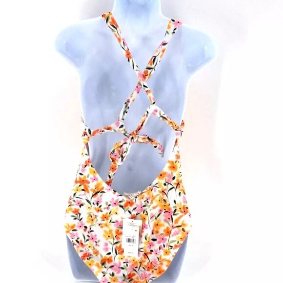 Jessica Simpson One-Piece Swimsuit M Orange Floral Keyhole Tie Summer Dreaming - Picture 2 of 4